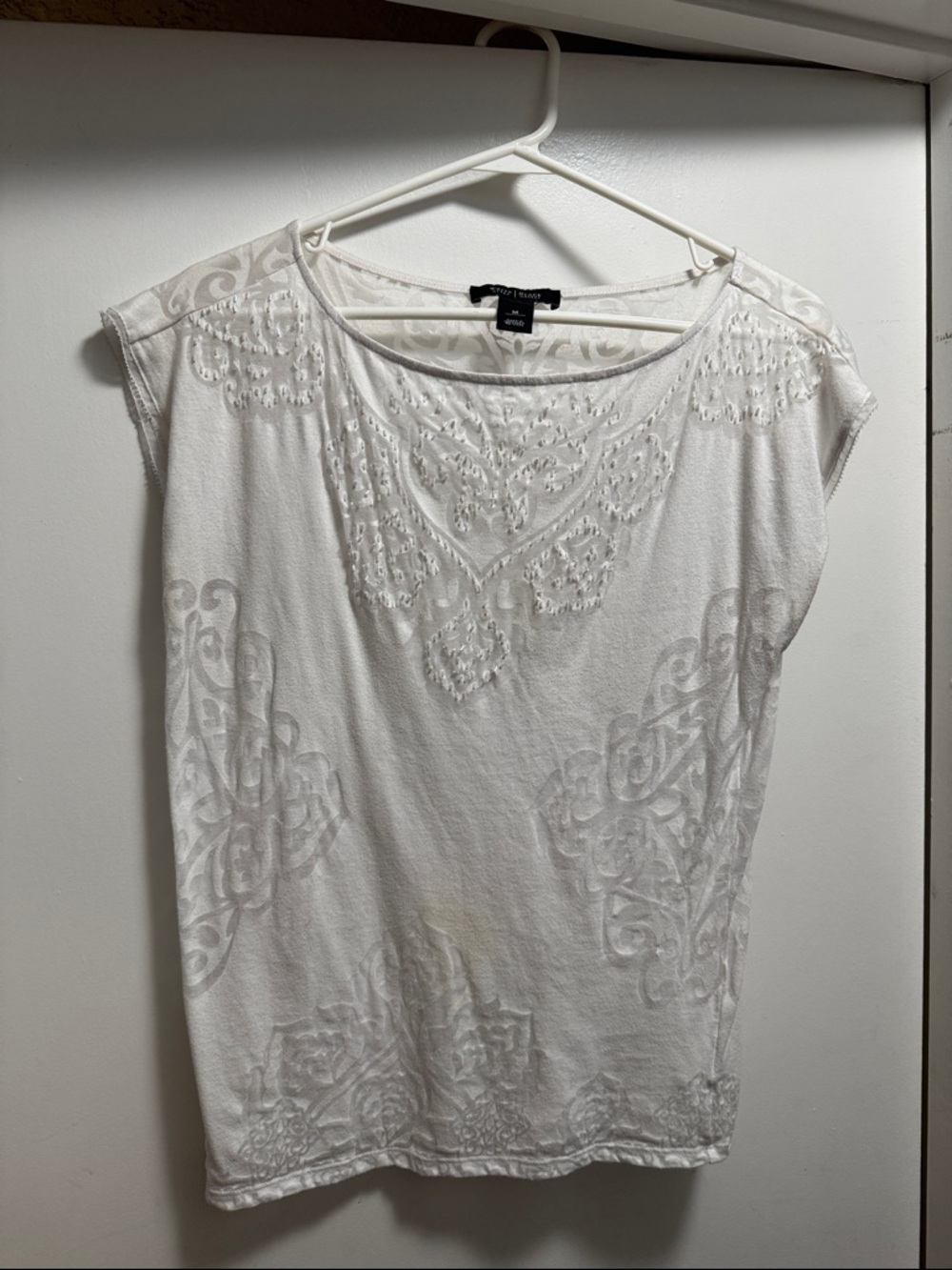 White House Black Market White Embroidered Cap-Sleeve Tee